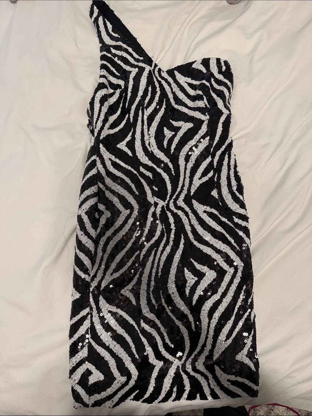 Sequin Zebra One-Shoulder Dress - Black & White